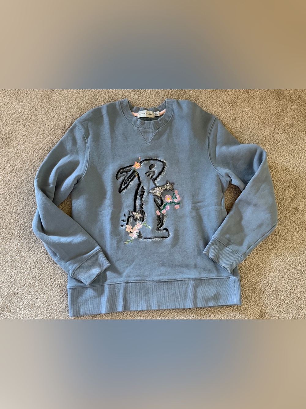 COACH x Selena Gomez Blue Embroidered Bunny Sweatshirt (Size Small)